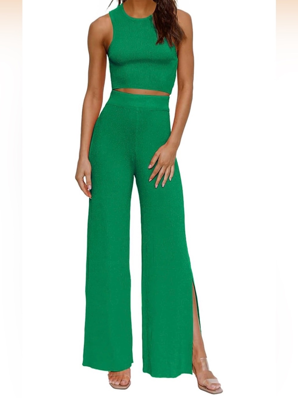 Two Piece High-Waist Wide Leg Knit Pants and Top- Green